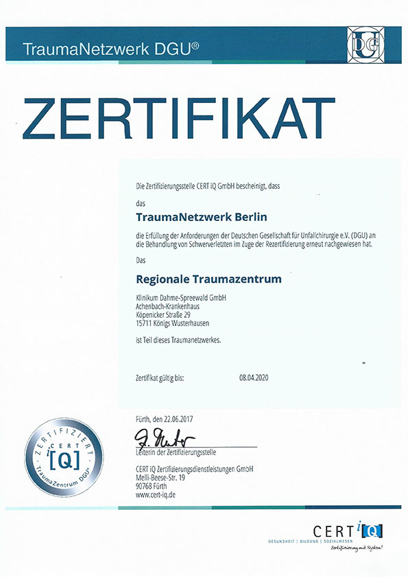 Zertifikat Regionales Traumazentrum DGU
