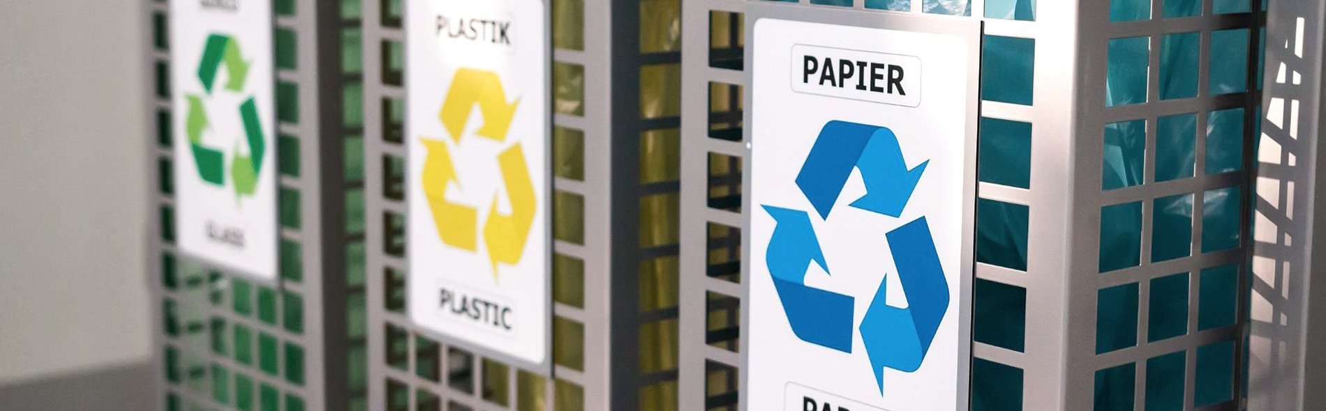 Foto von drei Abfallbehältern. Die Beschriftung der Behälter in den Farben blau, gelb und grün zeigt jeweils ein Recycling-Symbol.